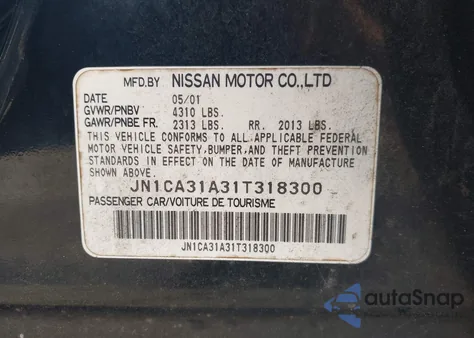 2001 Nissan Maxima Gle из США, поврежденный, VIN JN1CA31A31T318300